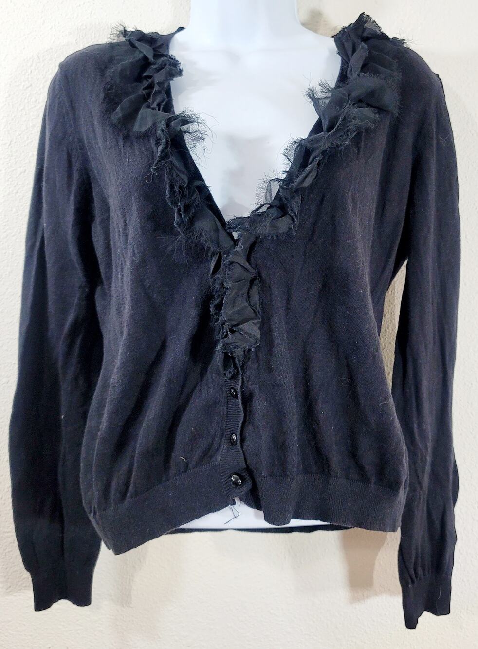 Bisou Bisou Black Cut Material Ruffled Collar Button Up Cardigan Sweater XL Soft
